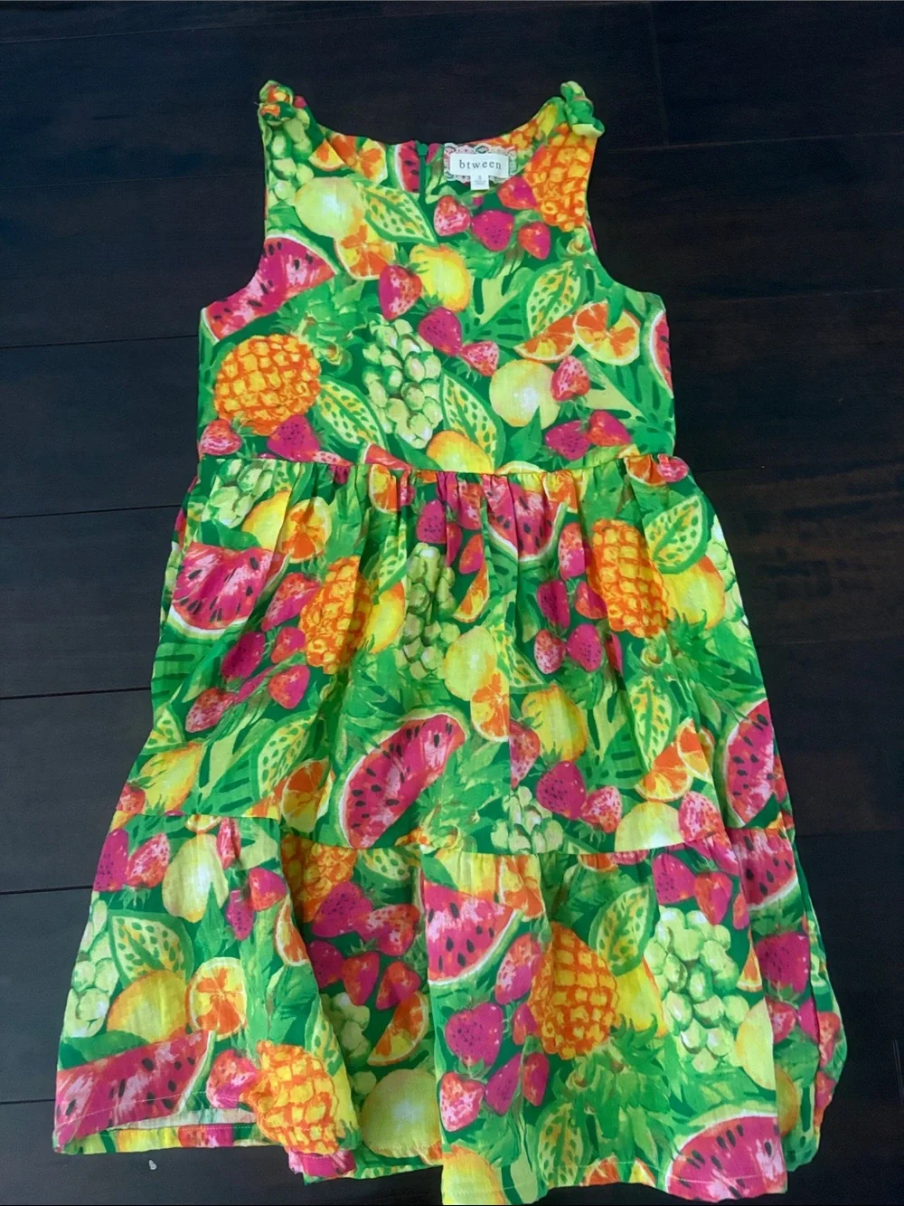 btween Bright Green Tropical Fruit Print Cotton Dress with Pink & Yellow Accents